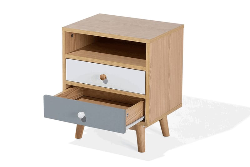Peinmore Sängbord 40 cm med Förvaring 2 Lådor + Hylla - Brun/Vit/Grå - Möbler - Bord & matgrupper - Avlastningsbord - Sängbord & nattduksbord
