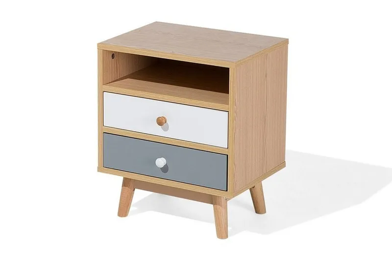 Peinmore Sängbord 40 cm med Förvaring 2 Lådor + Hylla - Brun/Vit/Grå - Möbler - Bord & matgrupper - Avlastningsbord - Sängbord & nattduksbord