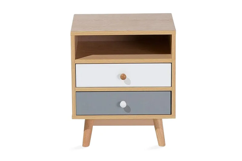 Peinmore Sängbord 40 cm med Förvaring 2 Lådor + Hylla, Brun/Vit/Grå