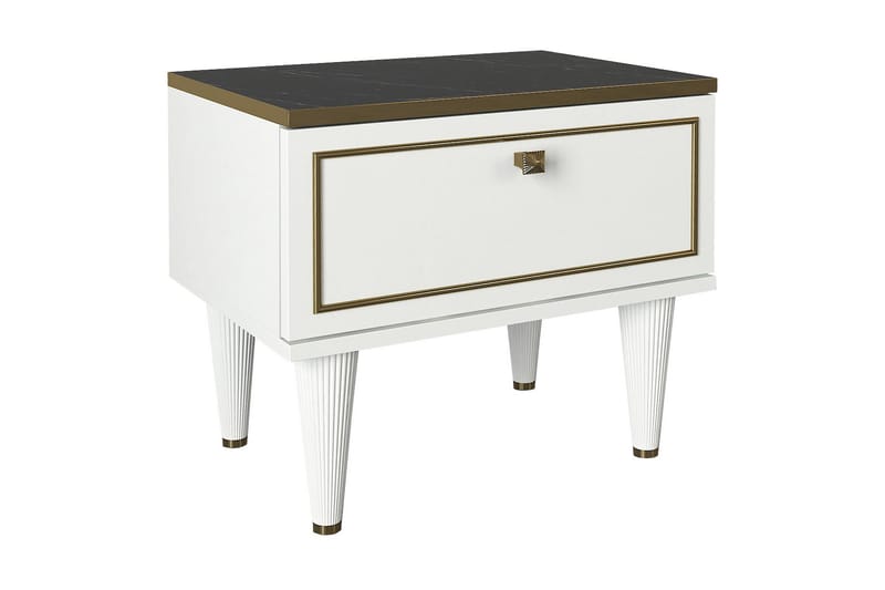 Pinneo Sängbord 50 cm med Förvaring Låda - Vit/Guld/Svart - Sängbord & nattduksbord