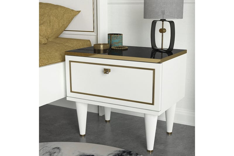 Pinneo Sängbord 50 cm med Förvaring Låda - Vit/Guld/Svart - Sängbord & nattduksbord