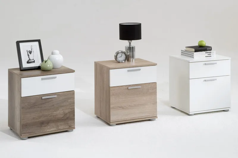 Polyxo Sängbord 38 cm med Förvaring 2 Lådor - Vit/Ekfärg/Ljusgrå - Möbler - Bord & matgrupper - Avlastningsbord - Sängbord & nattduksbord