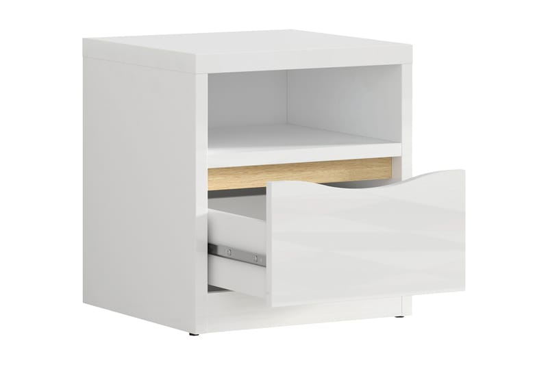 Poria Sängbord 42 cm med Förvaring Hylla + Låda - Natur/Vit Högglans - Sängbord & nattduksbord