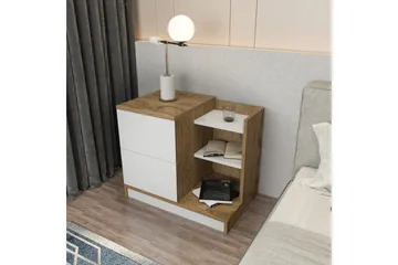 Rinorea Sängbord 72x60 cm i Ek med Lådor och Förvaring - Vit - Möbler - Bord & matgrupper - Avlastningsbord - Sängbord & nattduksbord