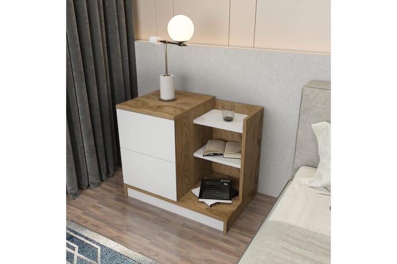 Rinorea Sängbord 72x60 cm i Ek med Lådor och Förvaring - Vit - Möbler - Bord & matgrupper - Avlastningsbord - Sängbord & nattduksbord