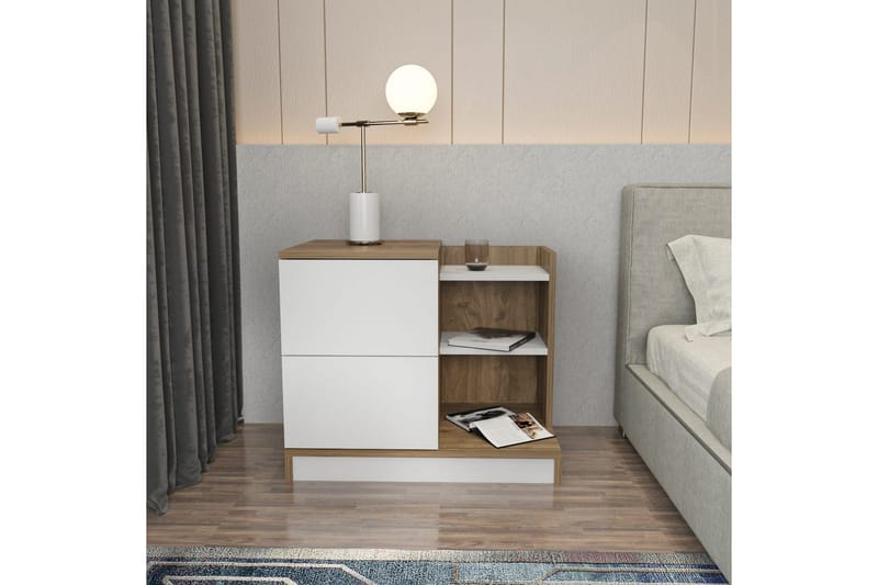 Rinorea Sängbord 72x60 cm i Ek med Lådor och Förvaring - Vit - Möbler - Bord & matgrupper - Avlastningsbord - Sängbord & nattduksbord