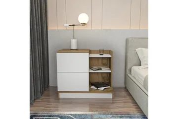 Rinorea Sängbord 72x60 cm i Ek med Lådor och Förvaring - Vit - Möbler - Bord & matgrupper - Avlastningsbord - Sängbord & nattduksbord
