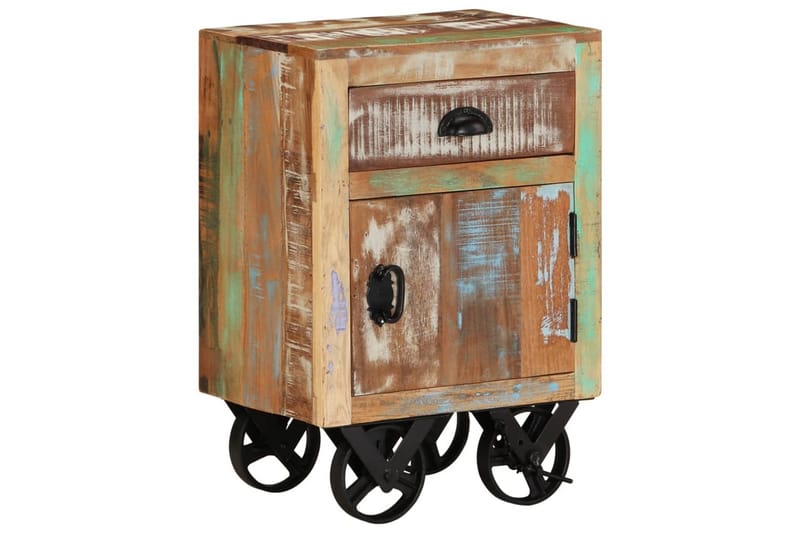 Sängbord med hjul 40x30x57 cm massivt återvunnet trä - Flerfärgad - Möbler - Bord & matgrupper - Avlastningsbord - Sängbord & nattduksbord