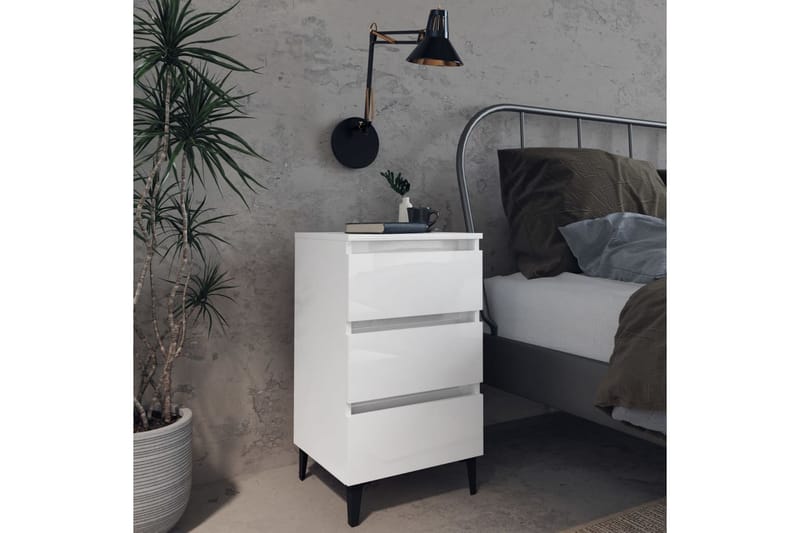 Sängbord med metallben vit högglans 40x35x69 cm - Vit - Sängbord & nattduksbord