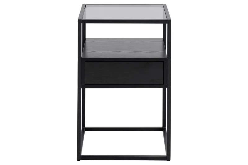 Sakila Sängbord 35 cm i Glas med Valnötsutseende, Förvaring med Låda - Svart - Möbler - Bord & matgrupper - Avlastningsbord - Sängbord & nattduksbord