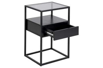 Sakila Sängbord 35 cm i Glas med Valnötsutseende, Förvaring med Låda - Svart - Möbler - Bord & matgrupper - Avlastningsbord - Sängbord & nattduksbord