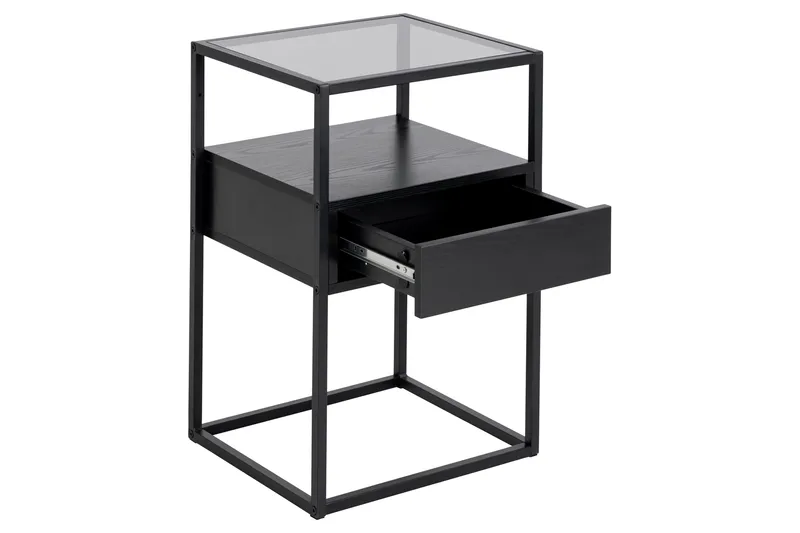 Sakila Sängbord 35 cm i Glas med Valnötsutseende, Förvaring med Låda - Svart - Möbler - Bord & matgrupper - Avlastningsbord - Sängbord & nattduksbord