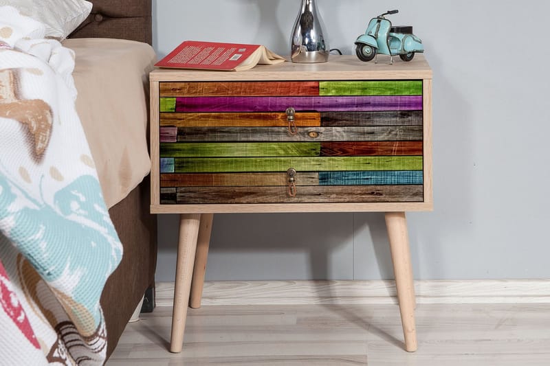 Vellavie Sängbord 60 cm med Förvaring 2 Lådor Regnbågspanel - Röd/Grön - Sängbord & nattduksbord