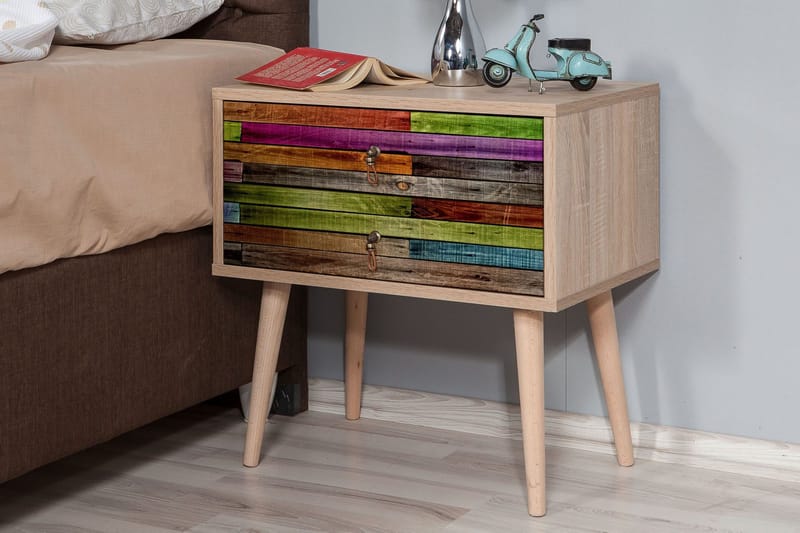 Vellavie Sängbord 60 cm med Förvaring 2 Lådor Regnbågspanel - Röd/Grön - Möbler - Bord & matgrupper - Avlastningsbord - Sängbord & nattduksbord