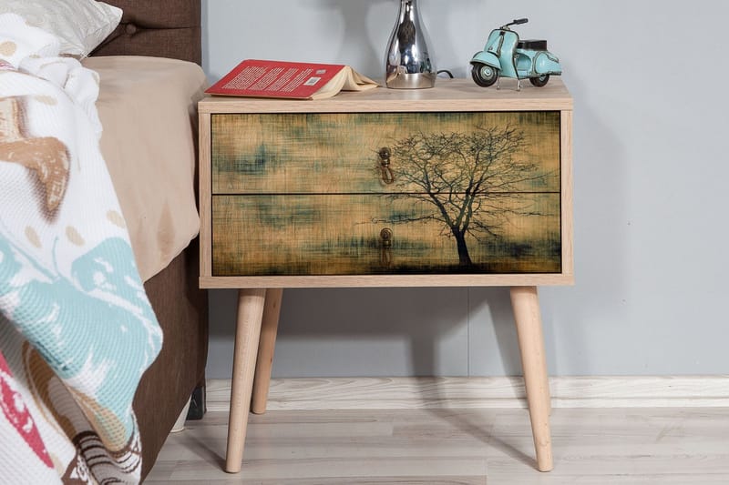 Vellavie Sängbord 60 cm med Förvaring 2 Lådor Trädsilhuett - Brun/Grön - Möbler - Bord & matgrupper - Avlastningsbord - Sängbord & nattduksbord