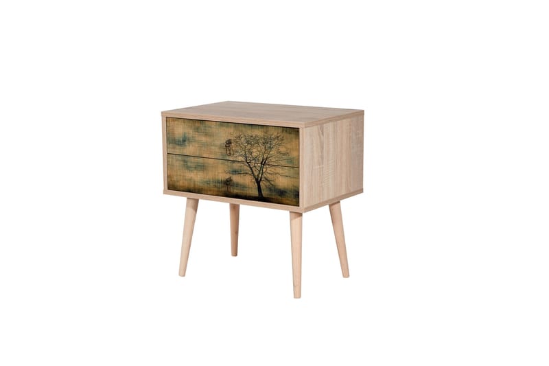 Vellavie Sängbord 60 cm med Förvaring 2 Lådor Trädsilhuett - Brun/Grön - Möbler - Bord & matgrupper - Avlastningsbord - Sängbord & nattduksbord
