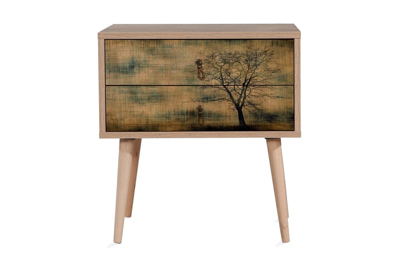 Vellavie Sängbord 60 cm med Förvaring 2 Lådor Trädsilhuett - Brun/Grön - Möbler - Bord & matgrupper - Avlastningsbord - Sängbord & nattduksbord