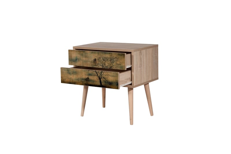 Vellavie Sängbord 60 cm med Förvaring 2 Lådor Trädsilhuett - Brun/Grön - Möbler - Bord & matgrupper - Avlastningsbord - Sängbord & nattduksbord
