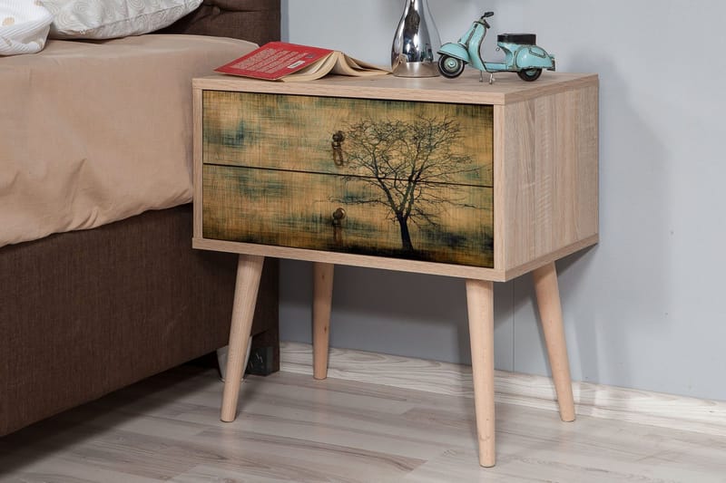 Vellavie Sängbord 60 cm med Förvaring 2 Lådor Trädsilhuett - Brun/Grön - Möbler - Bord & matgrupper - Avlastningsbord - Sängbord & nattduksbord