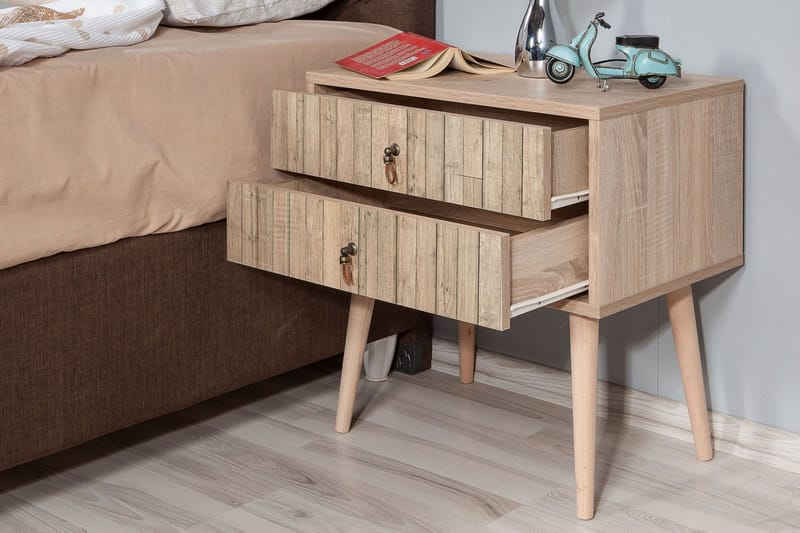 Vellavie Sängbord 60 cm med Förvaring 2 Lådor Vertikalt Pane - Ljusbrun - Sängbord & nattduksbord