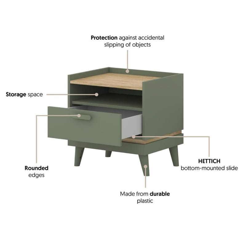 Sängbord Scandi 1 låda - Dämpad grön - Oljad ek - Möbler - Bord & matgrupper - Avlastningsbord - Sängbord & nattduksbord