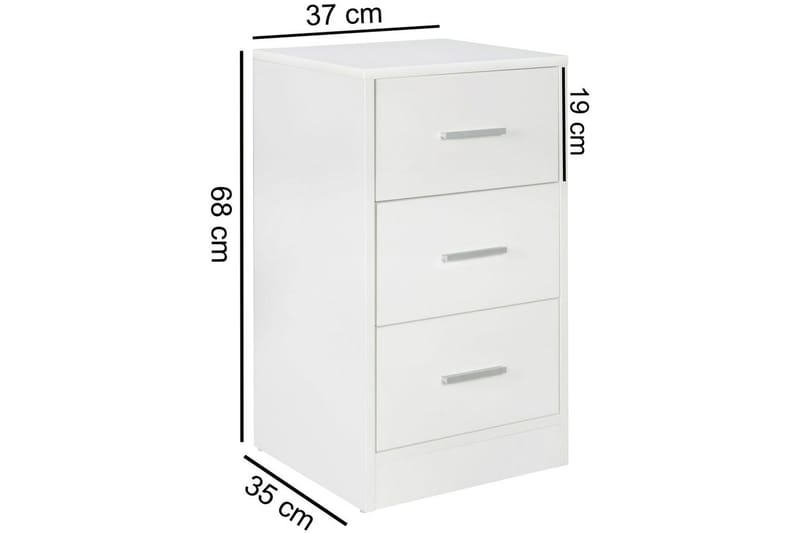 Sängbord Wohnling för resårbotten, 68 cm hög och 3 lådor i modern design Vit - Vit - Möbler - Bord & matgrupper - Avlastningsbord - Sängbord & nattduksbord