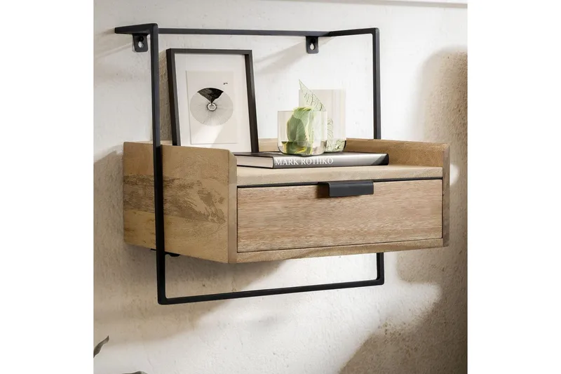 Sängbord Wohnling för väggmontering, gjord av massiv mangoträ, med 1 låda, hylla i industriell stil Ljusbrun - Ljusbrun - Möbler - Bord & matgrupper - Avlastningsbord - Sängbord & nattduksbord