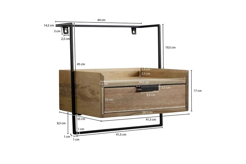 Sängbord Wohnling för väggmontering, gjord av massiv mangoträ, med 1 låda, hylla i industriell stil Ljusbrun - Ljusbrun - Möbler - Bord & matgrupper - Avlastningsbord - Sängbord & nattduksbord
