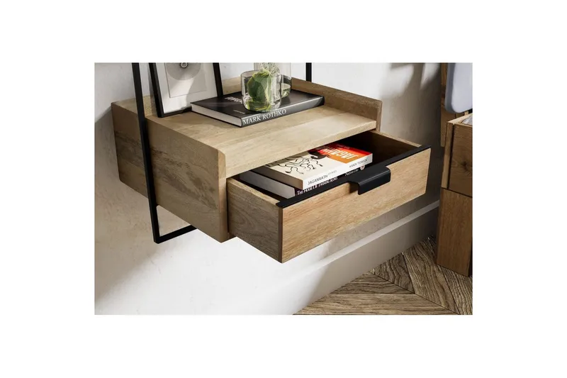 Sängbord Wohnling för väggmontering, gjord av massiv mangoträ, med 1 låda, hylla i industriell stil Ljusbrun - Ljusbrun - Möbler - Bord & matgrupper - Avlastningsbord - Sängbord & nattduksbord