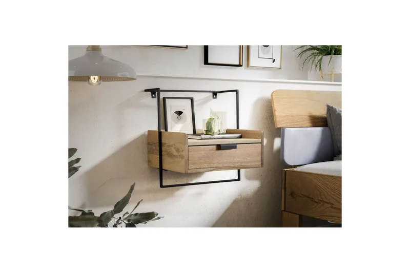 Sängbord Wohnling för väggmontering, gjord av massiv mangoträ, med 1 låda, hylla i industriell stil Ljusbrun - Ljusbrun - Möbler - Bord & matgrupper - Avlastningsbord - Sängbord & nattduksbord