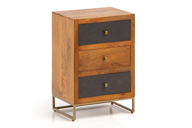 Sängbord Wohnling gjord av massivt trä för boxspringbädd med 3 lådor, skifferlook, i lantlig stil Brun, Svart - Brun, Svart - Möbler - Bord & matgrupper - Avlastningsbord - Sängbord & nattduksbord