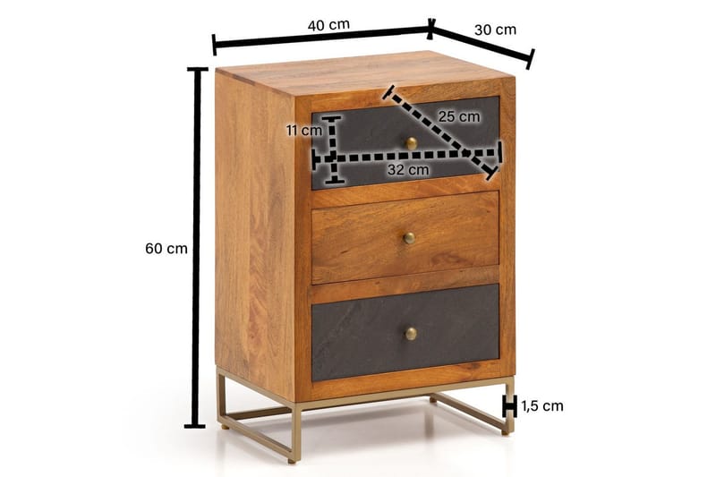 Sängbord Wohnling gjord av massivt trä för boxspringbädd med 3 lådor, skifferlook, i lantlig stil Brun, Svart - Brun, Svart - Möbler - Bord & matgrupper - Avlastningsbord - Sängbord & nattduksbord