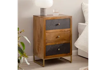 Sängbord Wohnling gjord av massivt trä för boxspringbädd med 3 lådor, skifferlook, i lantlig stil Brun, Svart - Brun, Svart - Möbler - Bord & matgrupper - Avlastningsbord - Sängbord & nattduksbord