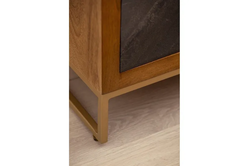 Sängbord Wohnling gjord av massivt trä för boxspringbädd med 3 lådor, skifferlook, i lantlig stil Brun, Svart - Brun, Svart - Möbler - Bord & matgrupper - Avlastningsbord - Sängbord & nattduksbord