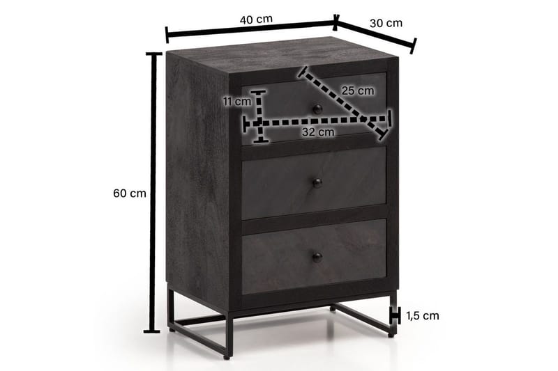 Sängbord Wohnling gjord av massivt trä för boxspringbädd med 3 lådor, skifferlook, i lantlig stil Svart - Svart - Möbler - Bord & matgrupper - Avlastningsbord - Sängbord & nattduksbord