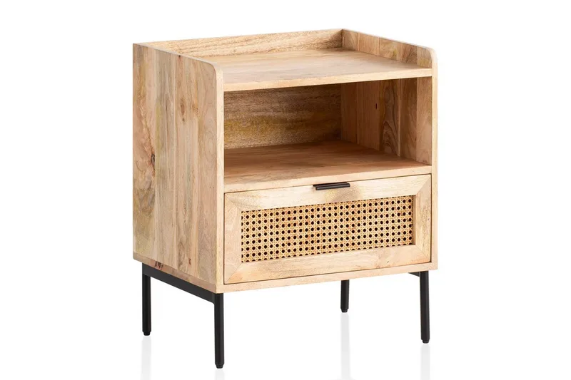 Sängbord Wohnling Massivt Mangoträ med 1 Låda En Förvaringsbricka med Wienerflätning, undefined