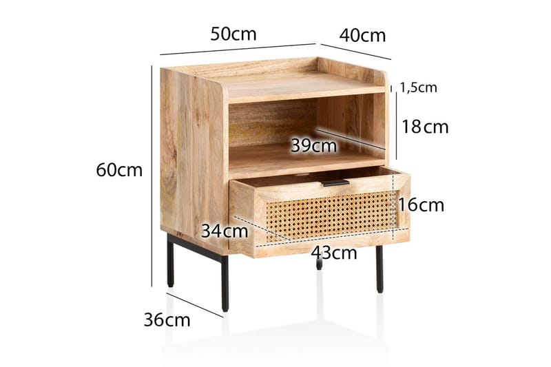 Sängbord Wohnling Massivt Mangoträ med 1 Låda En Förvaringsbricka med Wienerflätning - Möbler - Bord & matgrupper - Avlastningsbord - Sängbord & nattduksbord