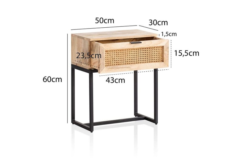 Sängbord Wohnling Massivt Mangoträ med 1 Låda med Wienerflätning I En Industriell Stil - Möbler - Bord & matgrupper - Avlastningsbord - Sängbord & nattduksbord