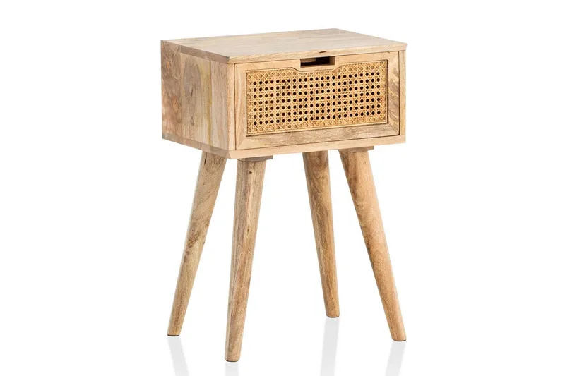 Sängbord Wohnling Massivt mangoträ med 1 låda med wienerflätverk i modern stil Ljusbrun, Ljusbrun