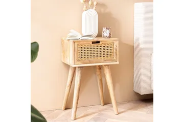 Sängbord Wohnling Massivt mangoträ med 1 låda med wienerflätverk i modern stil Ljusbrun - Ljusbrun - Möbler - Bord & matgrupper - Avlastningsbord - Sängbord & nattduksbord