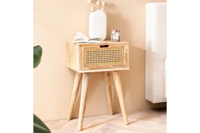 Sängbord Wohnling Massivt mangoträ med 1 låda med wienerflätverk i modern stil Ljusbrun - Ljusbrun - Möbler - Bord & matgrupper - Avlastningsbord - Sängbord & nattduksbord