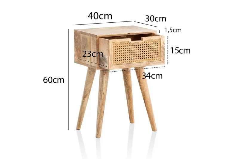 Sängbord Wohnling Massivt mangoträ med 1 låda med wienerflätverk i modern stil Ljusbrun - Ljusbrun - Möbler - Bord & matgrupper - Avlastningsbord - Sängbord & nattduksbord