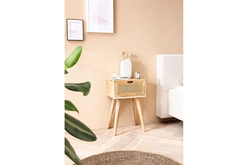 Sängbord Wohnling Massivt mangoträ med 1 låda med wienerflätverk i modern stil Ljusbrun - Ljusbrun - Möbler - Bord & matgrupper - Avlastningsbord - Sängbord & nattduksbord