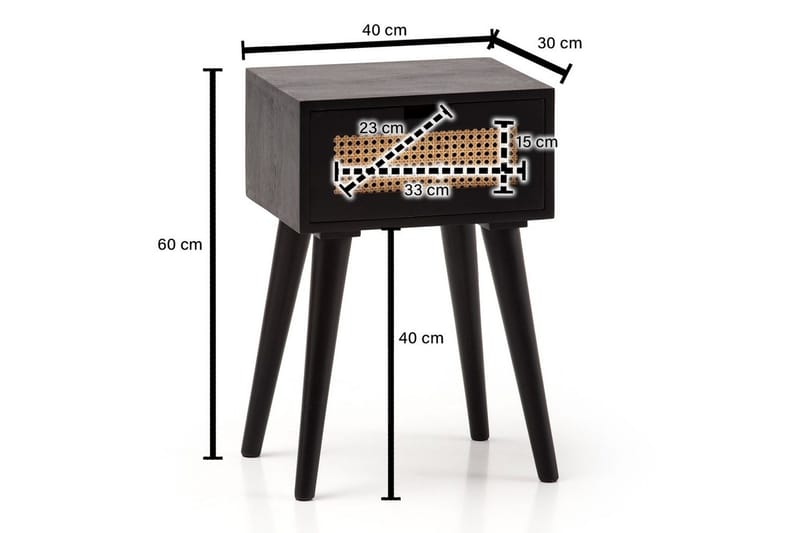 Sängbord Wohnling Massivt mangoträ med 1 låda med wienerflätverk i modern stil Svart - Svart - Möbler - Bord & matgrupper - Avlastningsbord - Sängbord & nattduksbord
