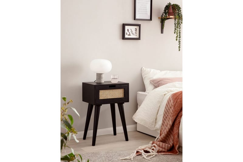 Sängbord Wohnling Massivt mangoträ med 1 låda med wienerflätverk i modern stil Svart - Svart - Möbler - Bord & matgrupper - Avlastningsbord - Sängbord & nattduksbord