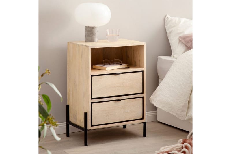 Sängbord Wohnling Massivt Mangoträ med 2 Lådor Ett Förvaringsfack - Möbler - Bord & matgrupper - Avlastningsbord - Sängbord & nattduksbord