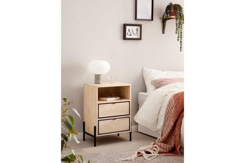 Sängbord Wohnling Massivt Mangoträ med 2 Lådor Ett Förvaringsfack - Möbler - Bord & matgrupper - Avlastningsbord - Sängbord & nattduksbord