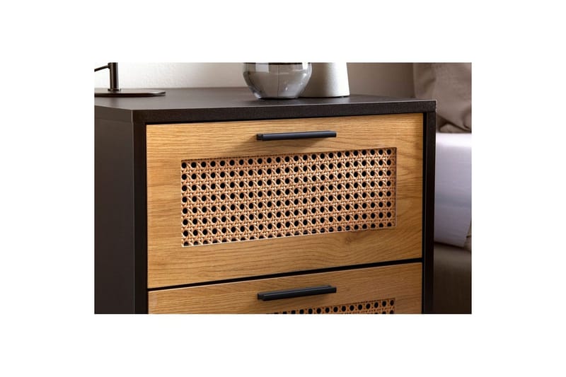 Sängbord Wohnling Massivt mangoträ med 2 lådor med Wiens flätverk i industriell stil - Möbler - Bord & matgrupper - Avlastningsbord - Sängbord & nattduksbord