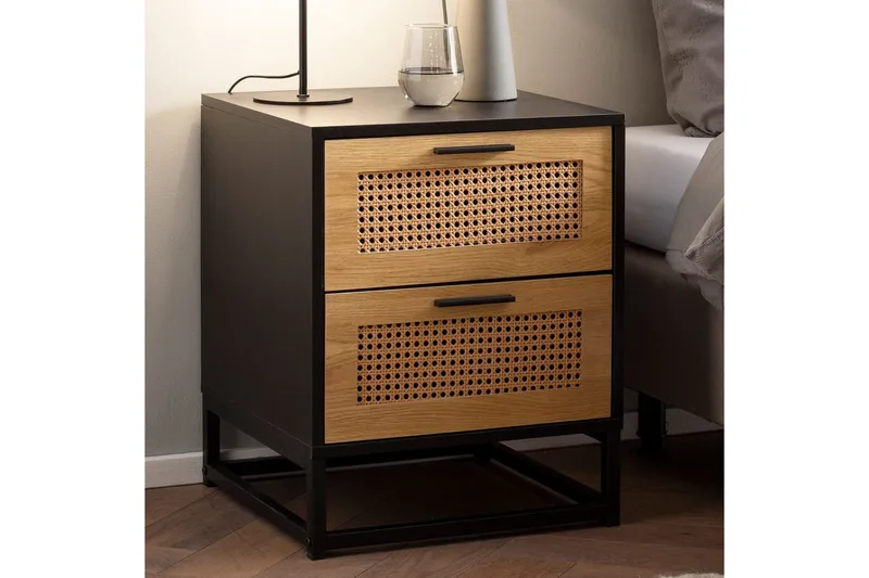 Sängbord Wohnling Massivt mangoträ med 2 lådor med Wiens flätverk i industriell stil - Möbler - Bord & matgrupper - Avlastningsbord - Sängbord & nattduksbord