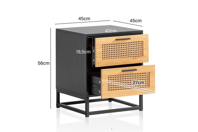 Sängbord Wohnling Massivt mangoträ med 2 lådor med Wiens flätverk i industriell stil - Möbler - Bord & matgrupper - Avlastningsbord - Sängbord & nattduksbord